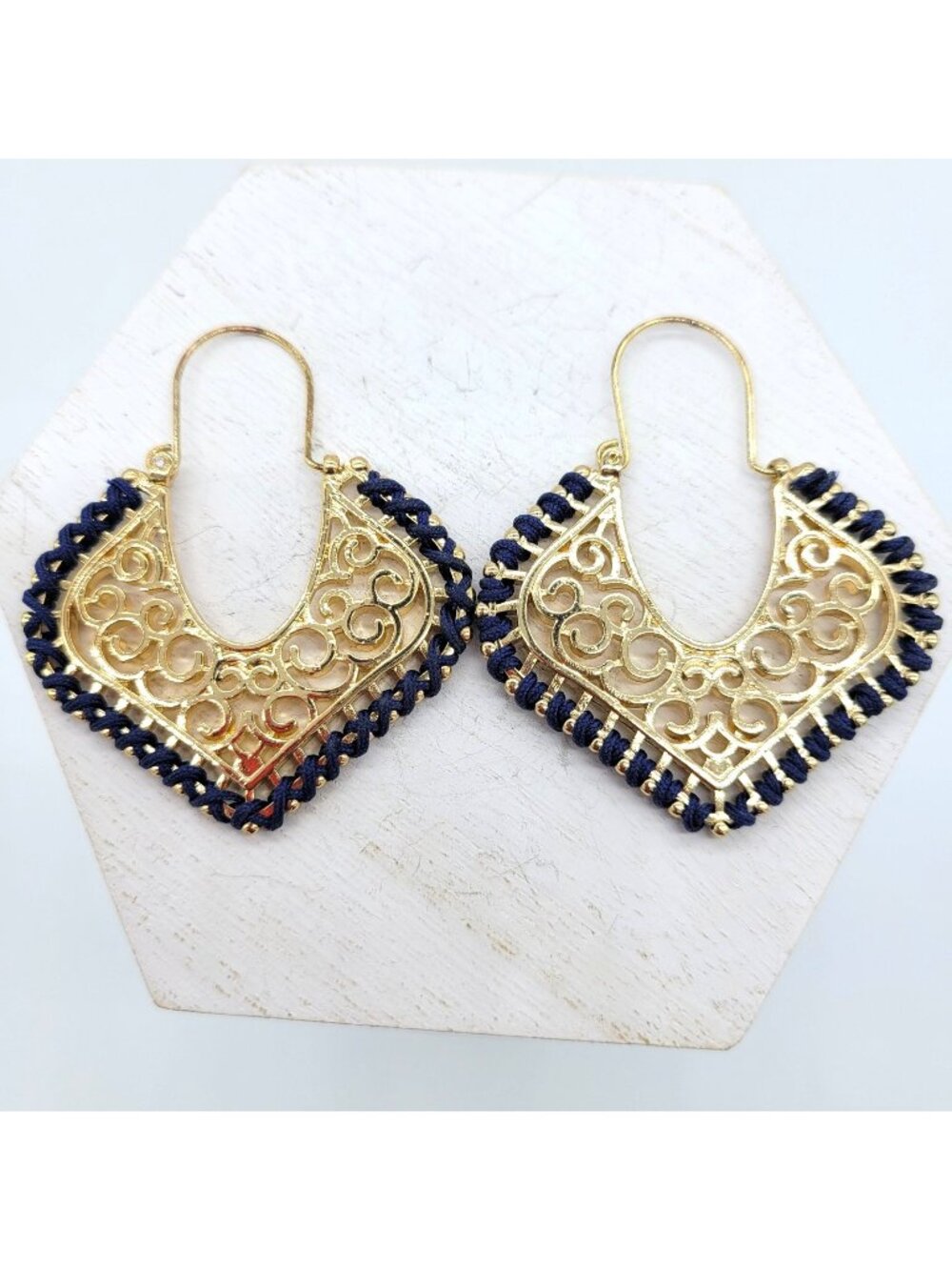 Gold Tone Open Work Filigree Earrings Blue Macrame Cording